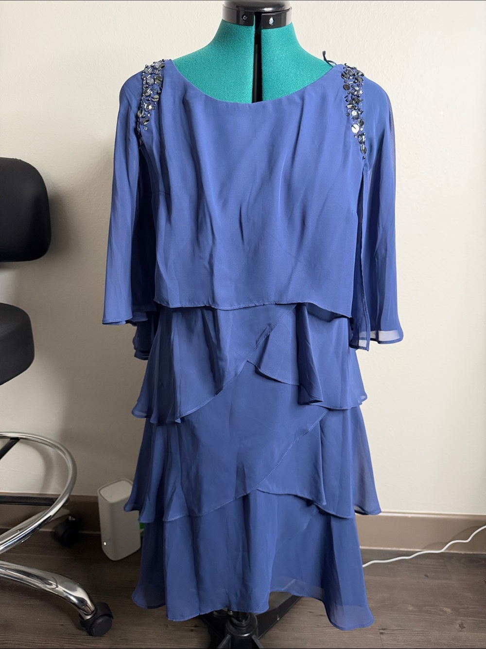 SLYN blue beaded cocktail tiered ruffle dress